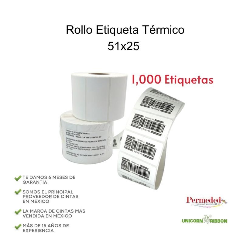 Rollo de Etiqueta Térmica Directa 51x25 mm, 1,000 Etiquetas