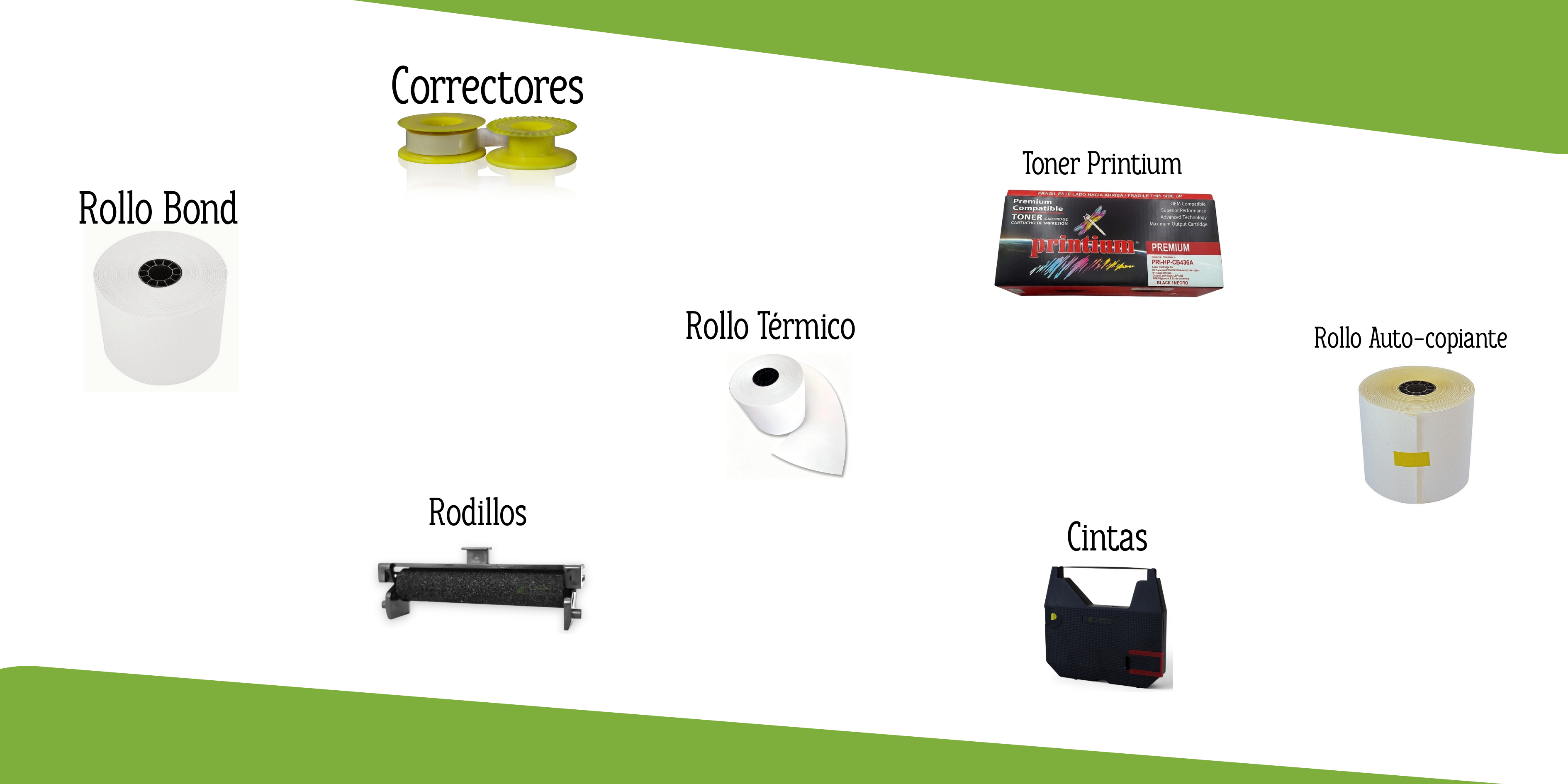 Isumos de impresion, para impresoras, puntos de venta y maquinas de escribitr.